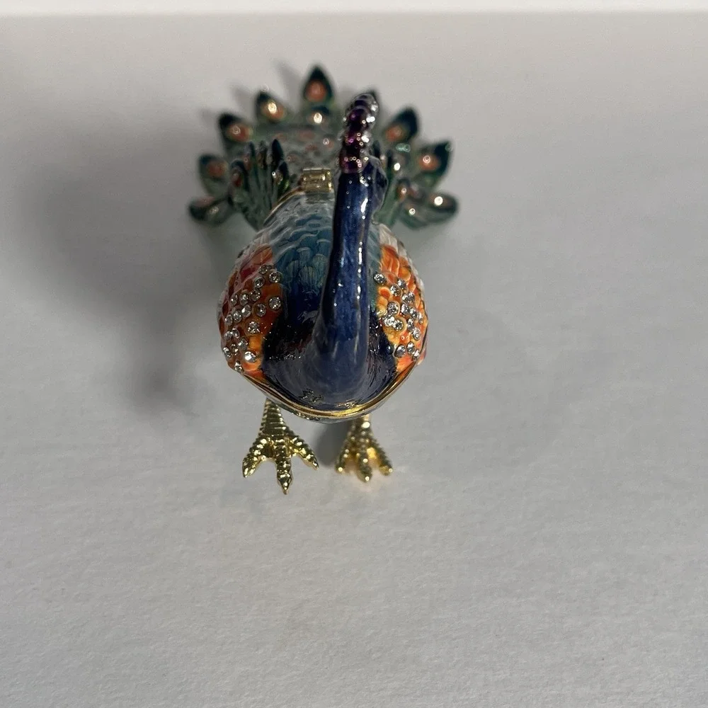 Peacock Enameled Metal Hinged Trinket Box w/ Austrian Crystals Figurine